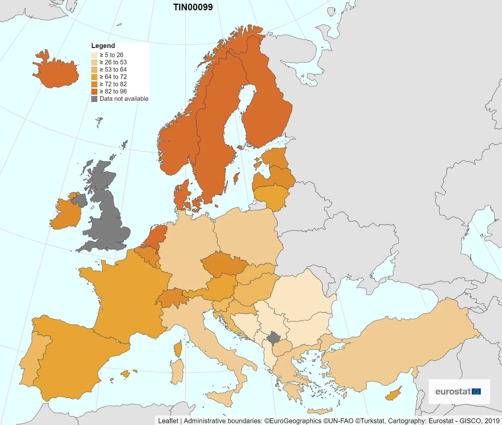 Europakart der Norden ligger høyest og Sørøst-Europa lavest på bruk av banktjenester på nett