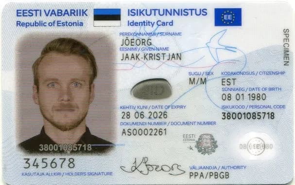 Estisk ID-kort med portrett, personnummer, gyldighetsdato og utstedende myndighet