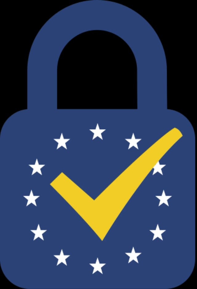 Hengelås i EU-blått med EU-stjerner og en gul avkrysning