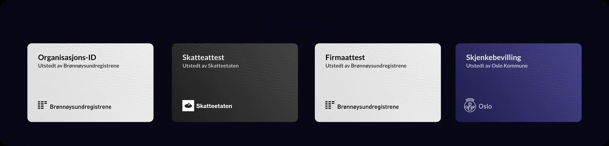 Eksempler på digitale bevis er Organisasjons-ID, Skatteattest, Firmaattest og Skjenkebevilling.
