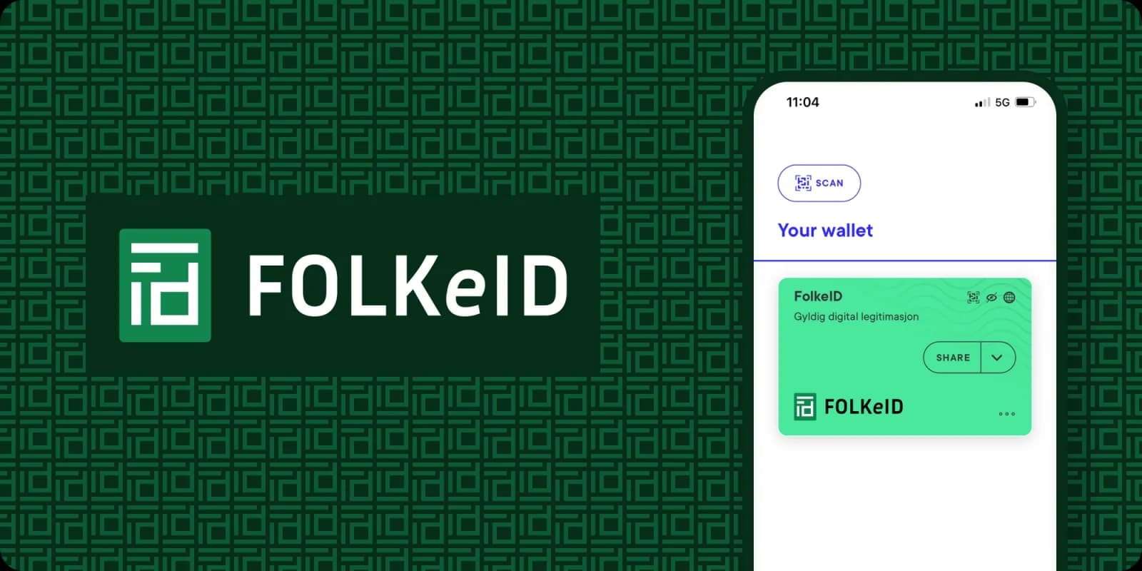 FolkeID-logoen ved siden av en mobil der FolkeID ligger som et gyldig bevis i lommeboken