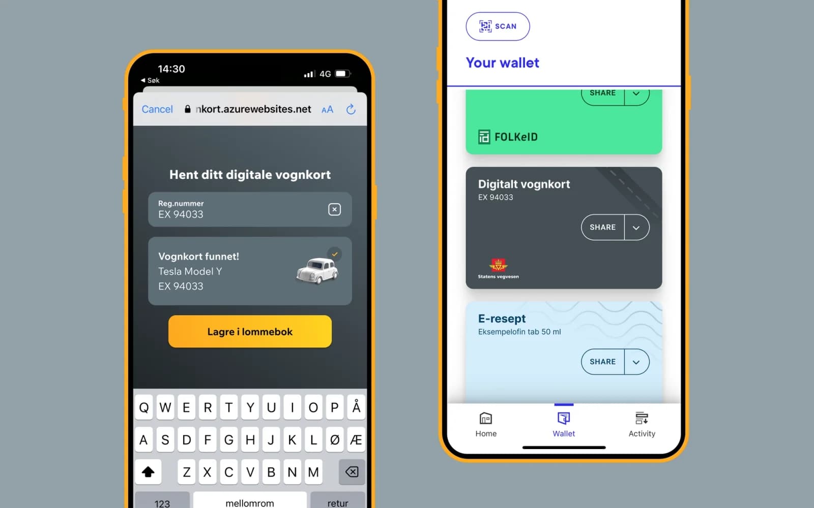 To mobiler. Den ene henter et digitalt vognkort for en Tesla Model Y, den andre viser vognkortet i lommeboken sammen med FolkeID og en e-resept